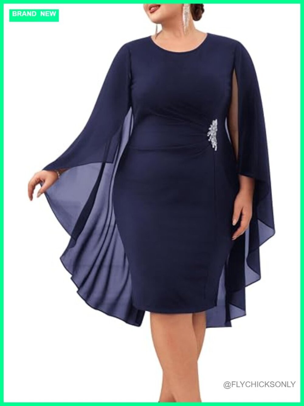 Plus Size Chiffon Cape Dress Crew Neck Ruched Bodycon Cocktail Pencil Midi Dress